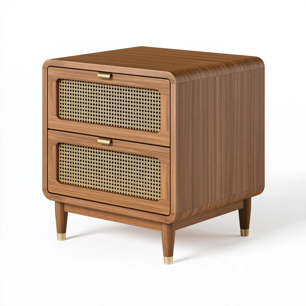 Comodino 60 x 40 x 65 cm in legno marrone con rattan - 2 cassetti stile retrò