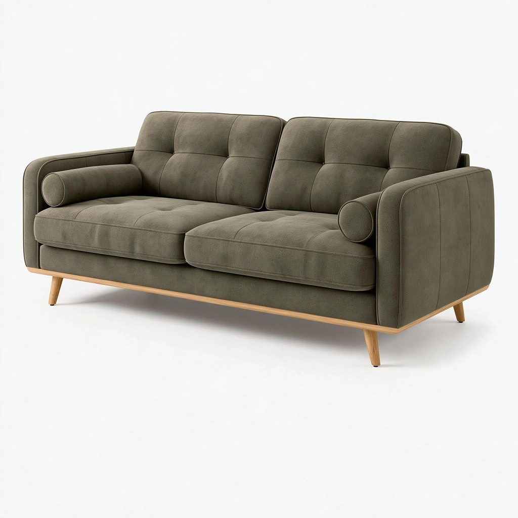 Divano due posti 190 cm in tessuto verde oliva con gambe in legno stile moderno