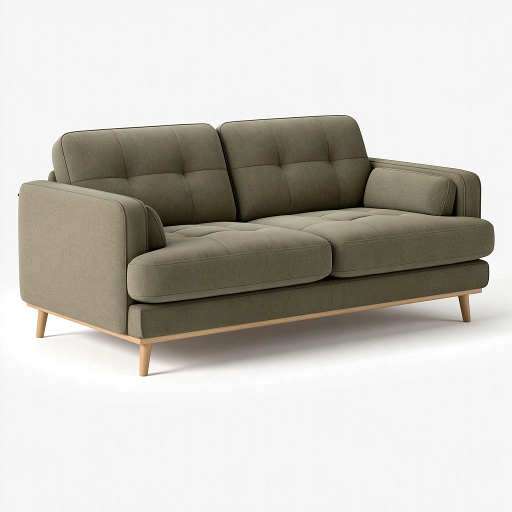 Divano 2 posti 180 cm in tessuto verde oliva con gambe in legno stile moderno