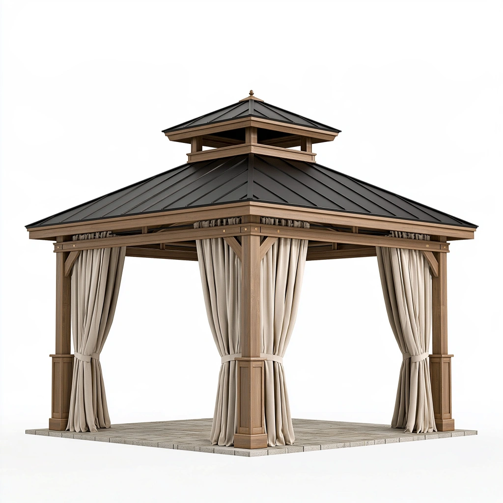 Gazebo da giardino 300 x 300 x 320 cm in legno marrone con tetto in metallo e tende - stile classico