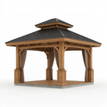 Gazebo da giardino 400 x 400 cm in legno marrone con tende e tetto a padiglione