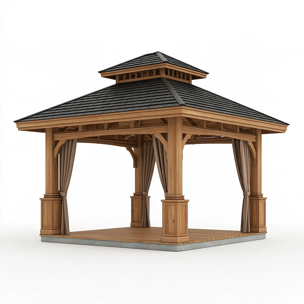 Gazebo da giardino 400 x 400 cm in legno marrone con tende e tetto a padiglione