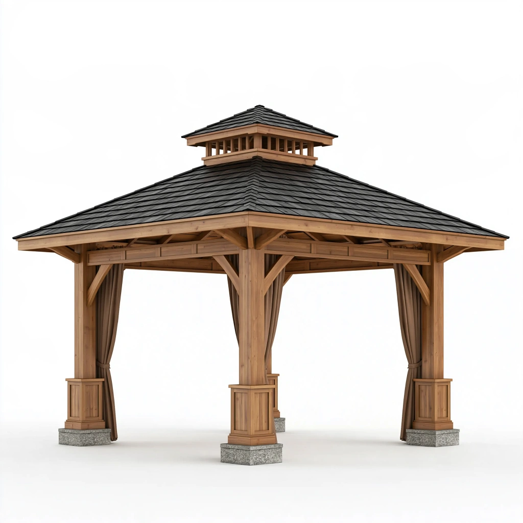 Gazebo da giardino 400 x 400 cm in legno marrone con tetto scuro e tende - struttura coperta classica