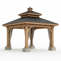 Gazebo da giardino 400 x 400 x 450 cm in legno naturale con tende beige e tetto a scandole