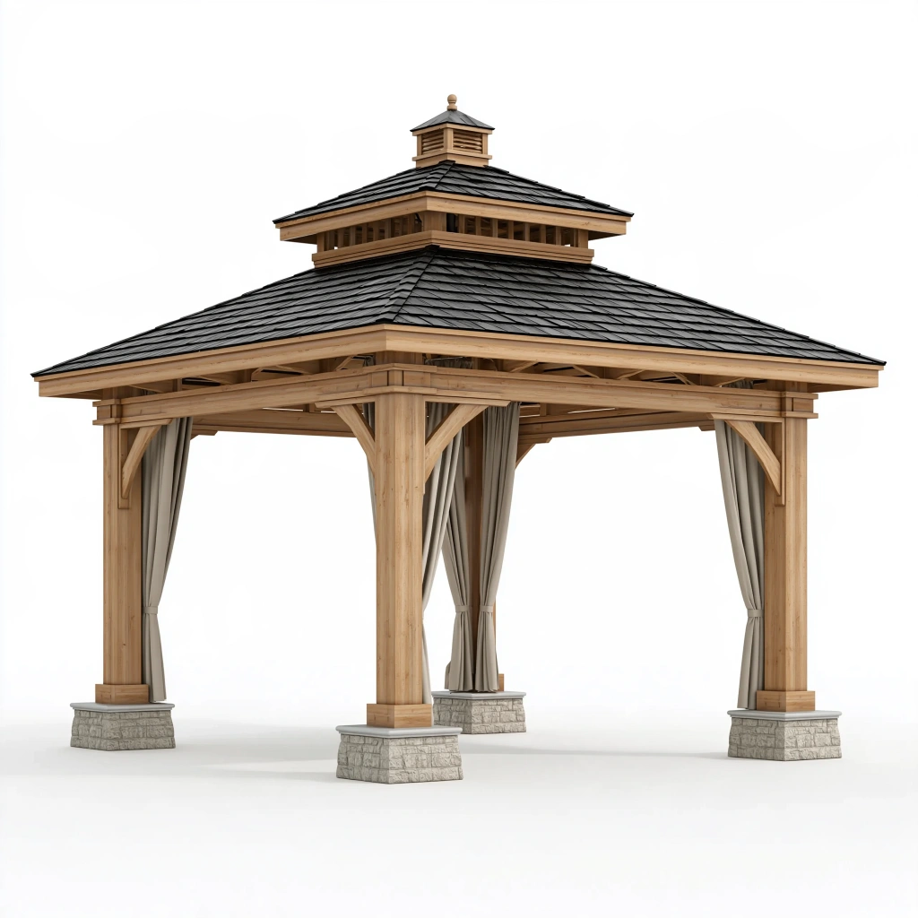 Gazebo da giardino 400 x 400 x 450 cm in legno naturale con tende beige e tetto a scandole