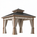 Gazebo da giardino 400 x 300 x 330 cm in legno marrone con tetto in metallo e tende stile classico