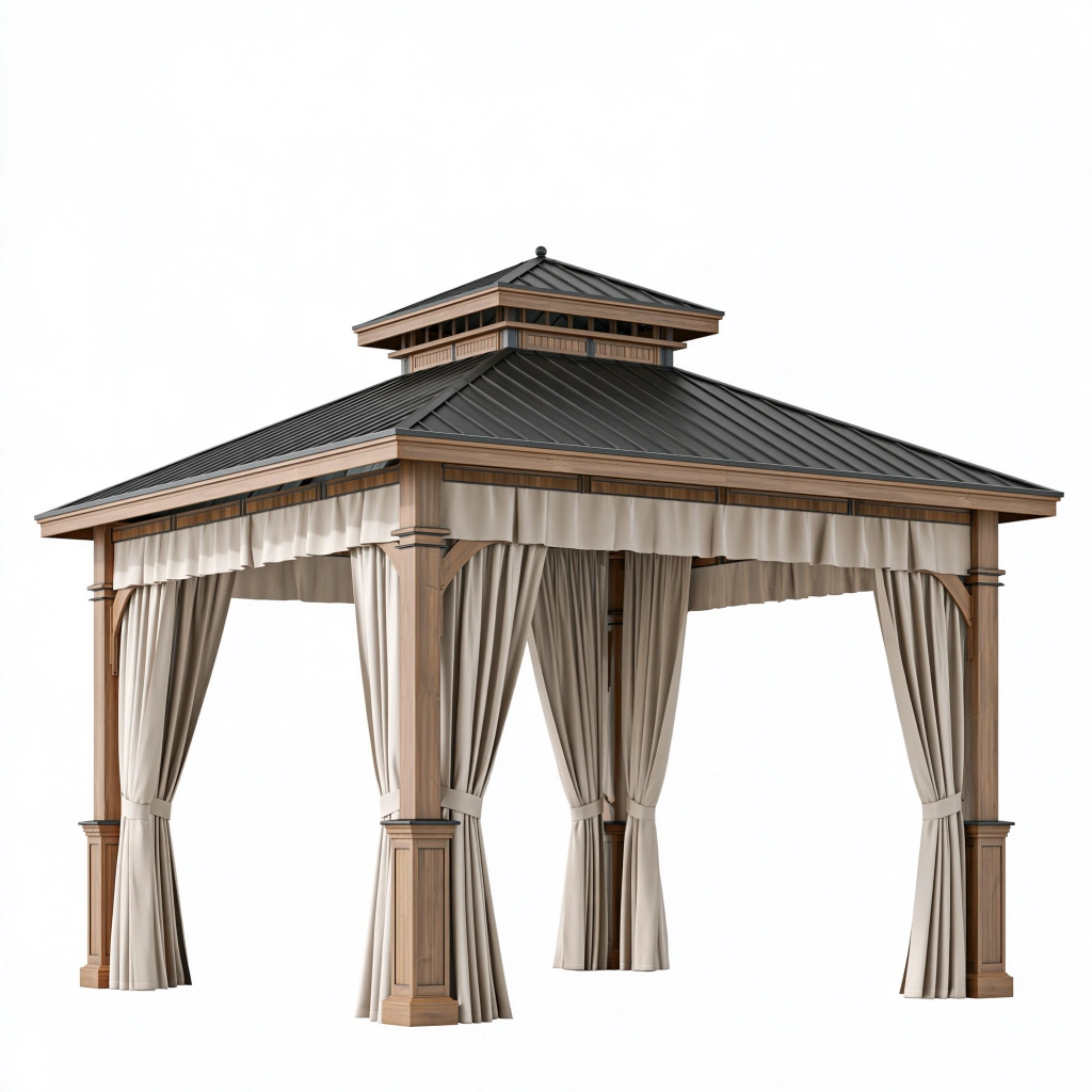 Gazebo da giardino 400 x 300 x 330 cm in legno marrone con tetto in metallo e tende stile classico