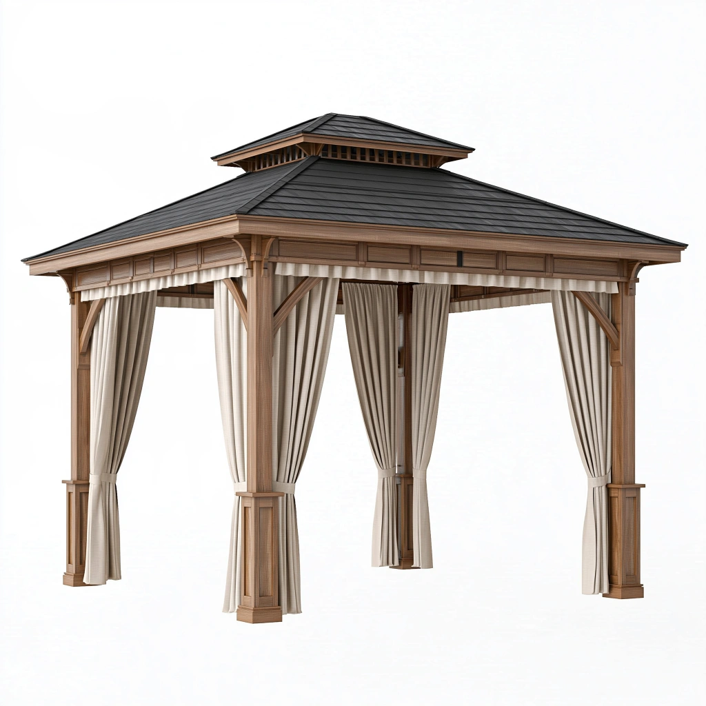 Gazebo da giardino 400 x 400 cm in legno marrone con tende beige e tetto nero