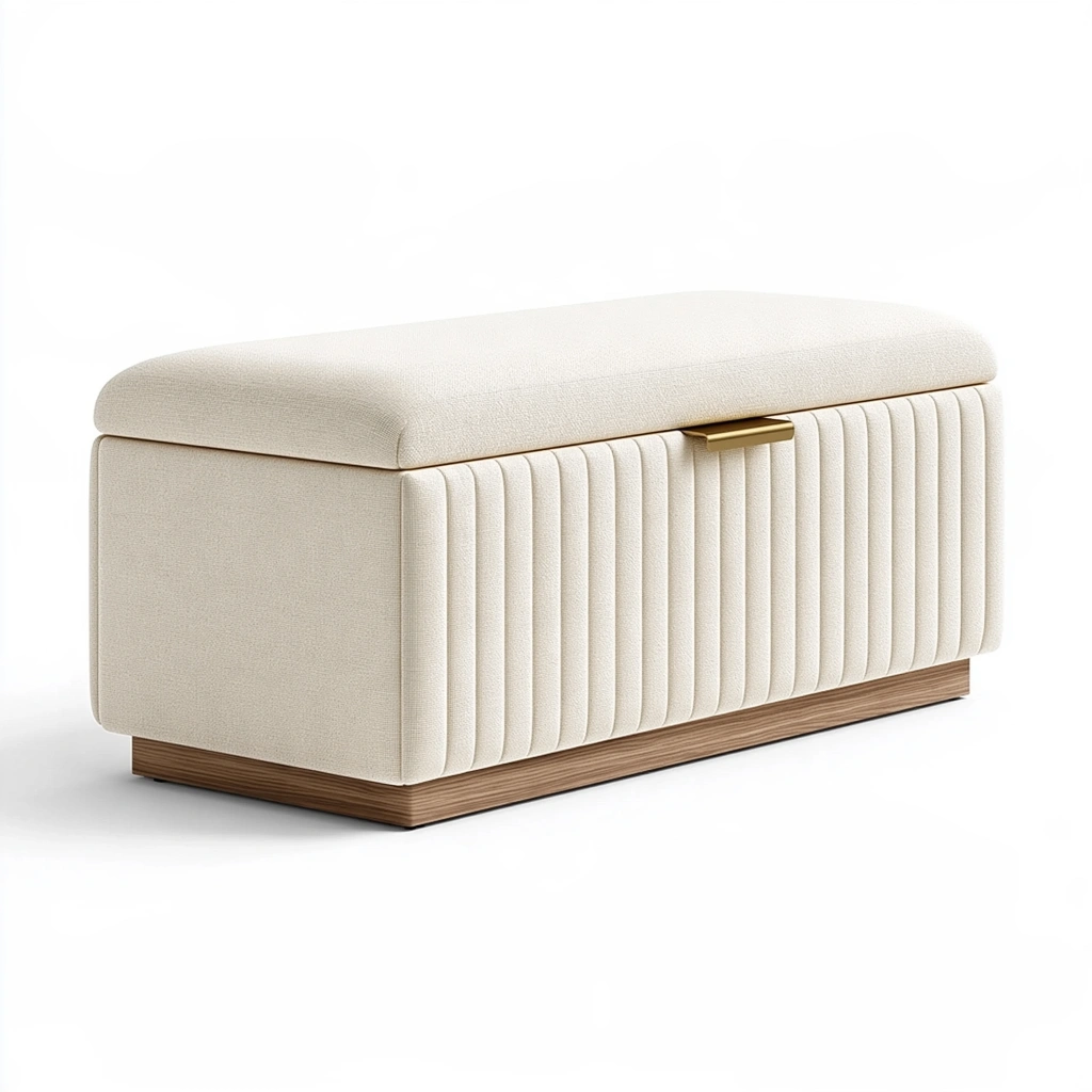 Panca contenitore 100 x 45 x 45 cm in tessuto beige con base in legno stile moderno