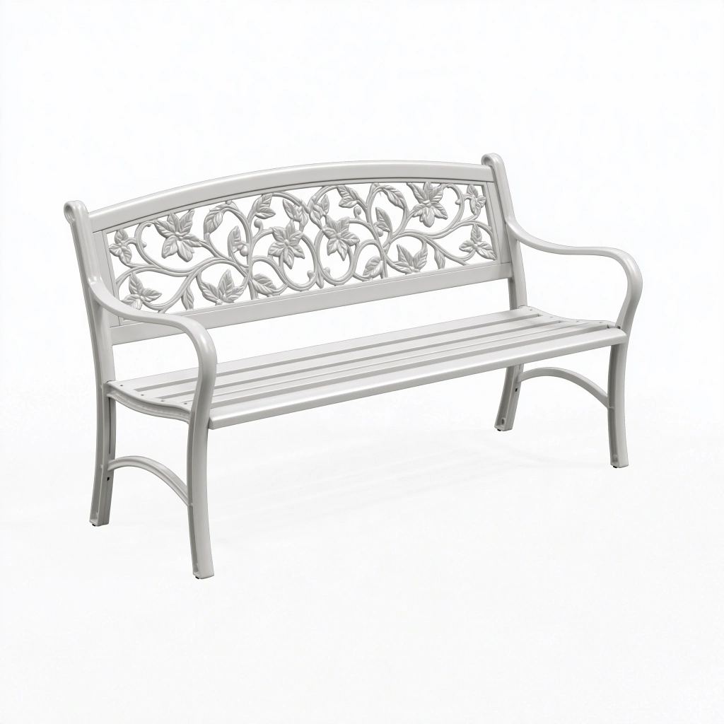 Panchina da giardino 122 cm in metallo bianco con schienale floreale