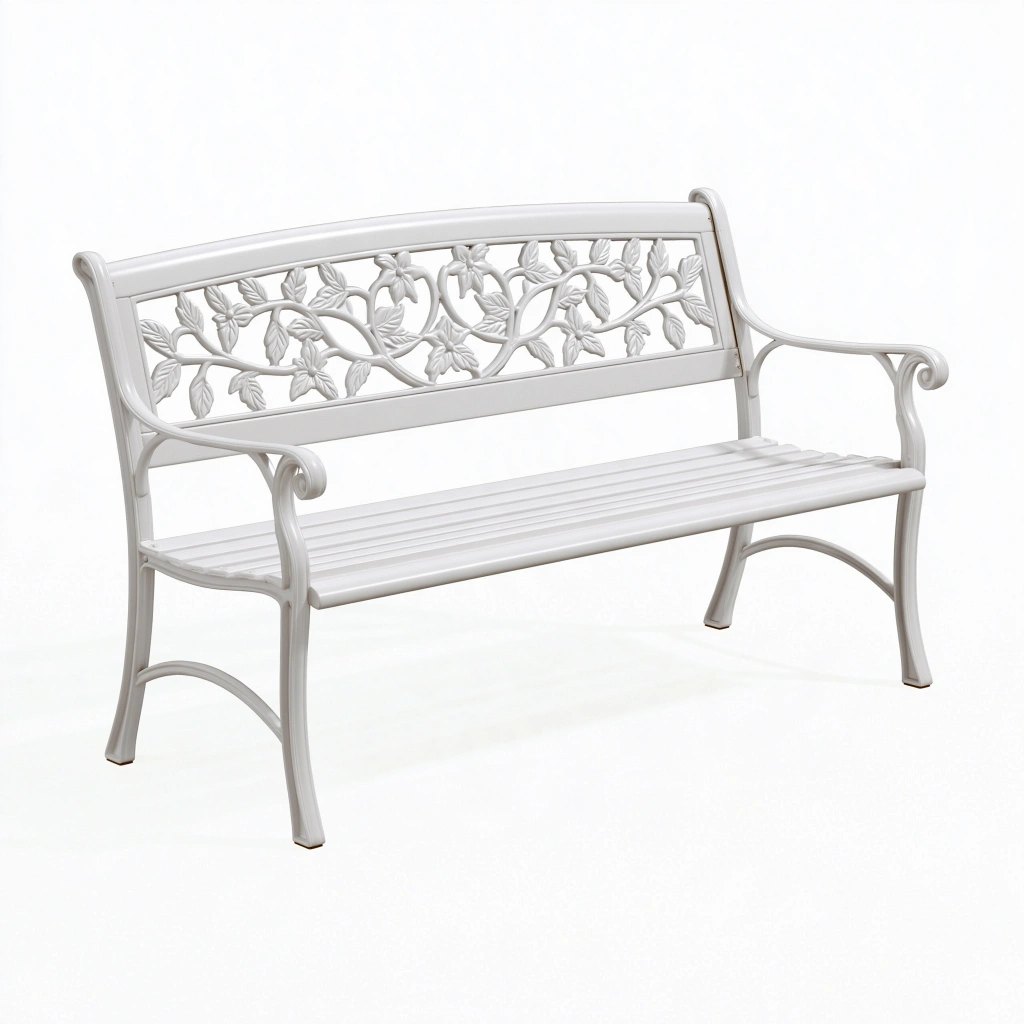 Panca da giardino 122 cm in metallo bianco con schienale floreale stile classico
