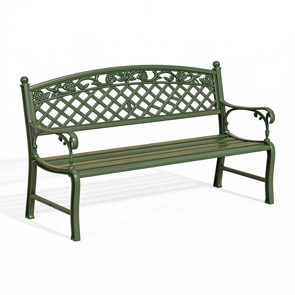 Panchina da giardino 120 x 60 x 95 cm in metallo verde con schienale decorativo