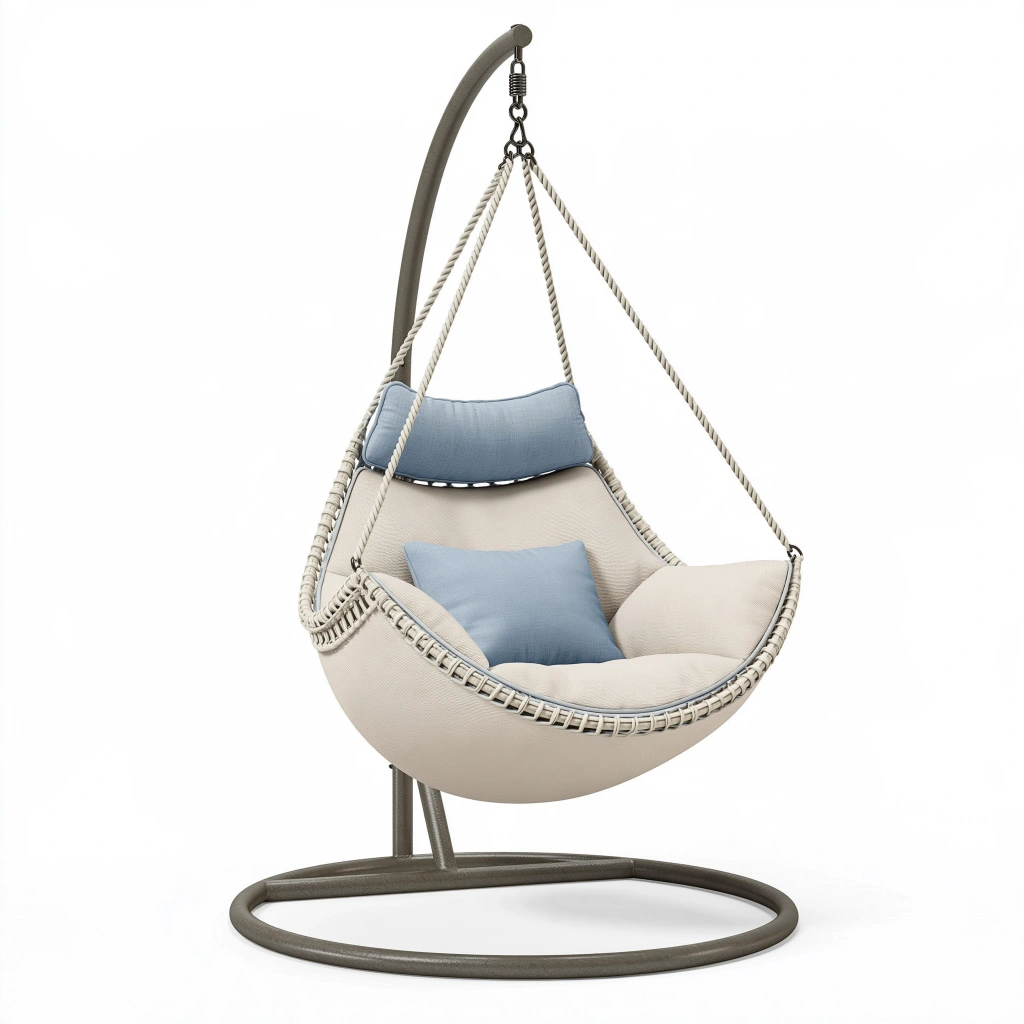 Poltrona sospesa 105 x 105 x 195 cm in corda e tessuto beige con struttura in metallo - stile contemporaneo
