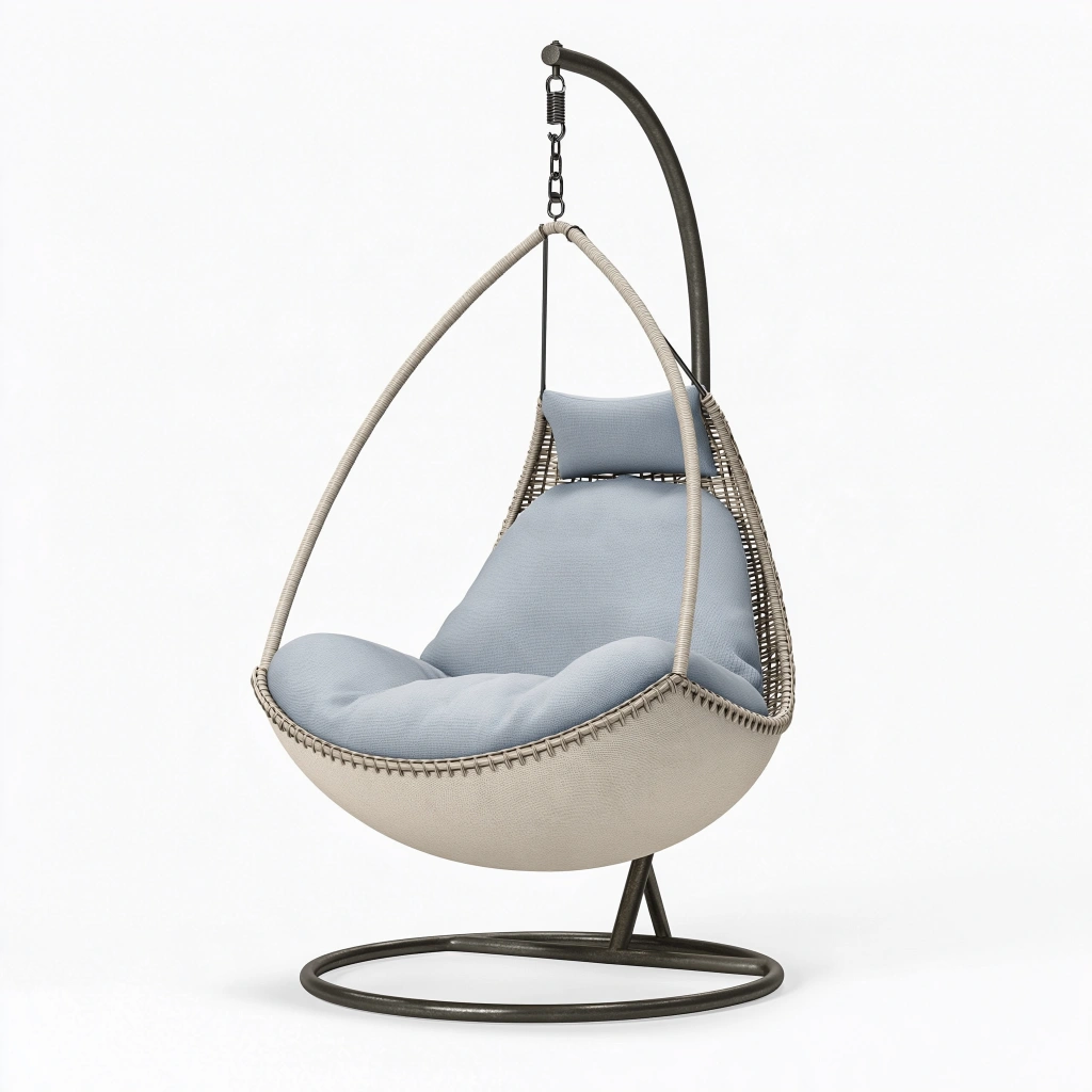Poltrona sospesa 105 x 105 x 195 cm in metallo e intreccio beige con imbottitura azzurra per relax stile moderno
