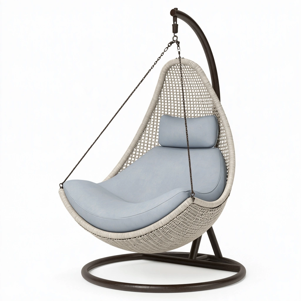 Poltrona sospesa da giardino 105 x 95 x 195 cm in metallo e corda beige con cuscino azzurro - stile boho