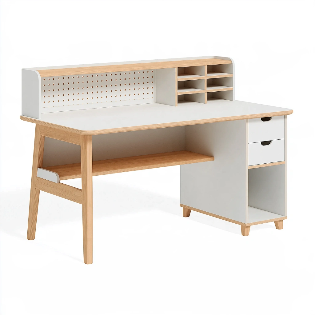 Scrivania 120x60x95 cm in legno bianco e naturale con cassetti e ripiani