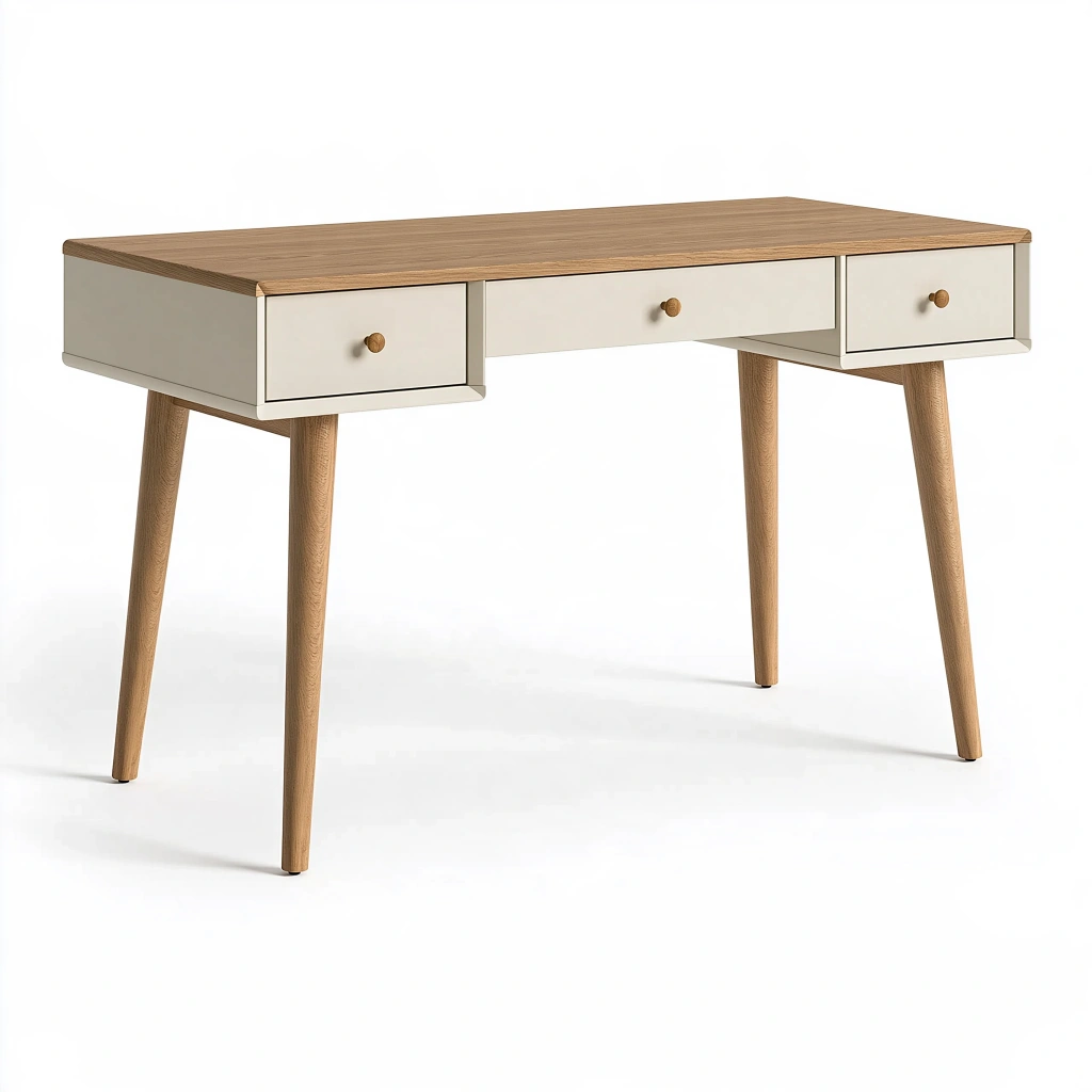 Scrivania 120 x 60 x 75 cm in legno beige e naturale con tre cassetti stile nordico