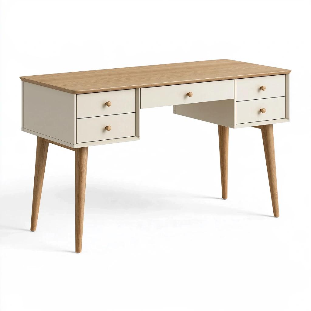 Scrivania 140x60x75 cm effetto legno naturale e bianco con 5 cassetti stile scandinavo